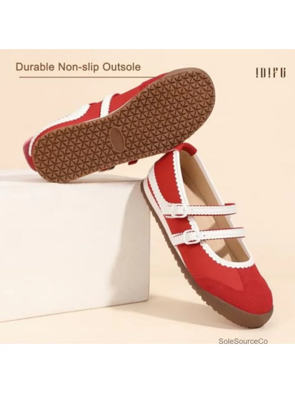 Women's Mary Jane Flats with Scalloped Edge, Non-Slip Rubber Sole, Adjustable